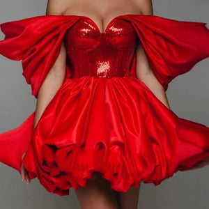 2025 New Fashion Sexy Strapless Slim Party Dress Puffed Hem Sequin Stitched Red Short Evening Dress Winteres