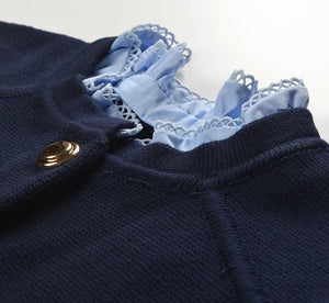 Navy blue garment with lace trim and a gold button on a white background
