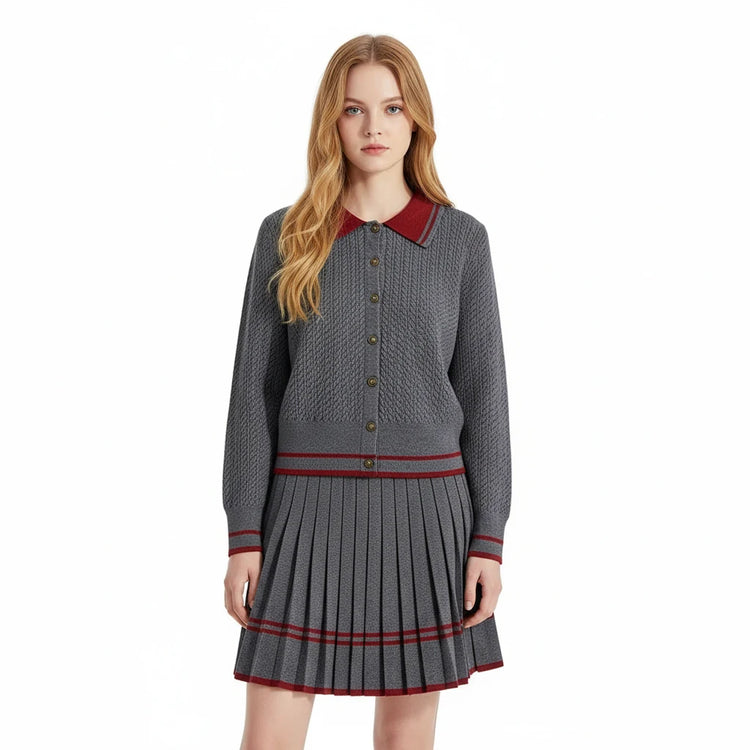 Polo-Neck Jacquard Preppy Knit & Skirt Set Winteres