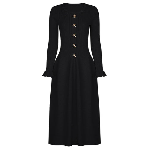 Black dress with gold buttons on a white background