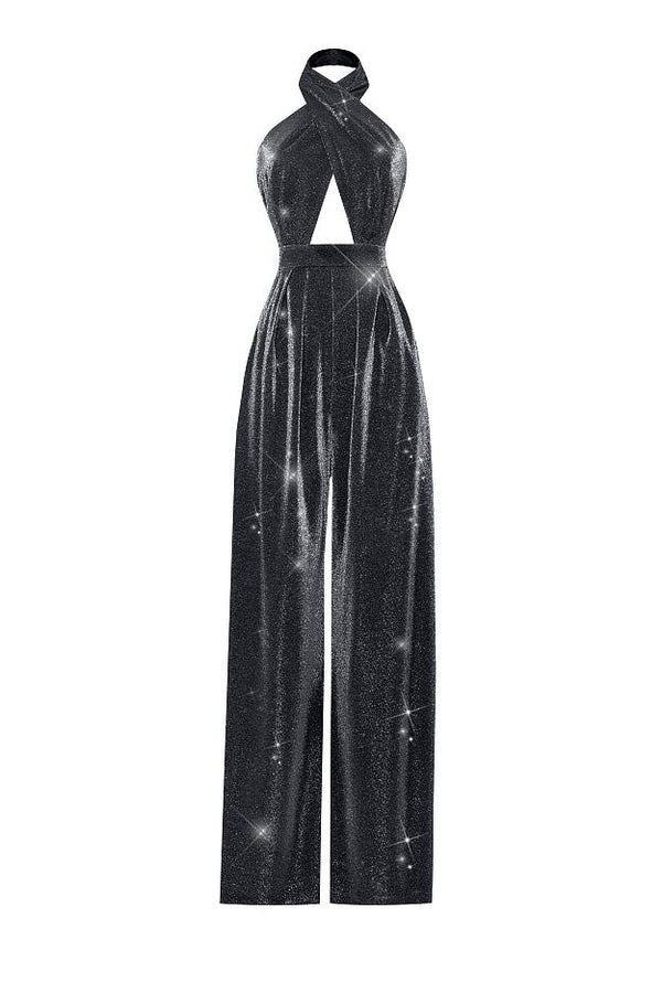 A black halter-neck jumpsuit with a high-waisted, wide-leg silhouette, featuring a textured, shimmering fabric with a starry cosmic print on a white background.