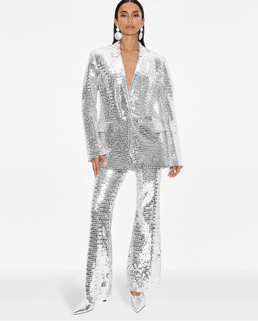 Person wearing a silver sequin suit on a white background