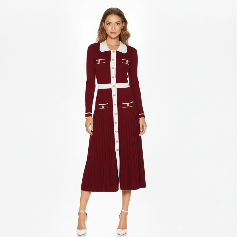 Woman wearing a burgundy dress with white collar and buttons on a white background