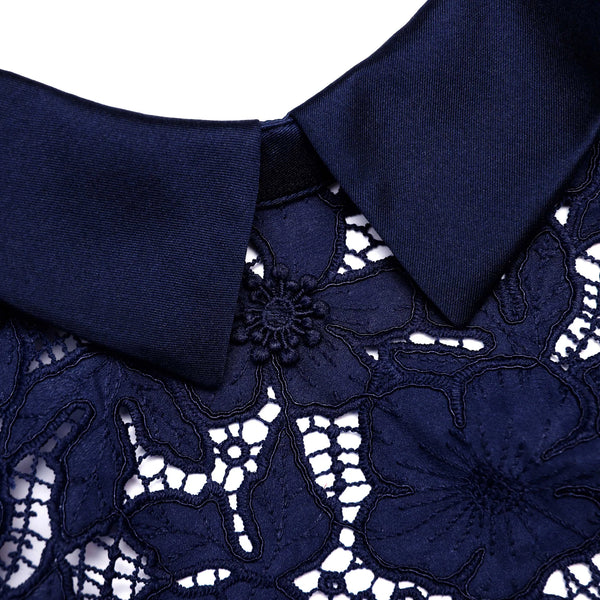 Navy blue lace dress with a collar on a white background