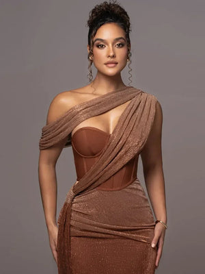 Arianwen Maxi Dress, one shoulder glitter design, brown corset, evening party gown.