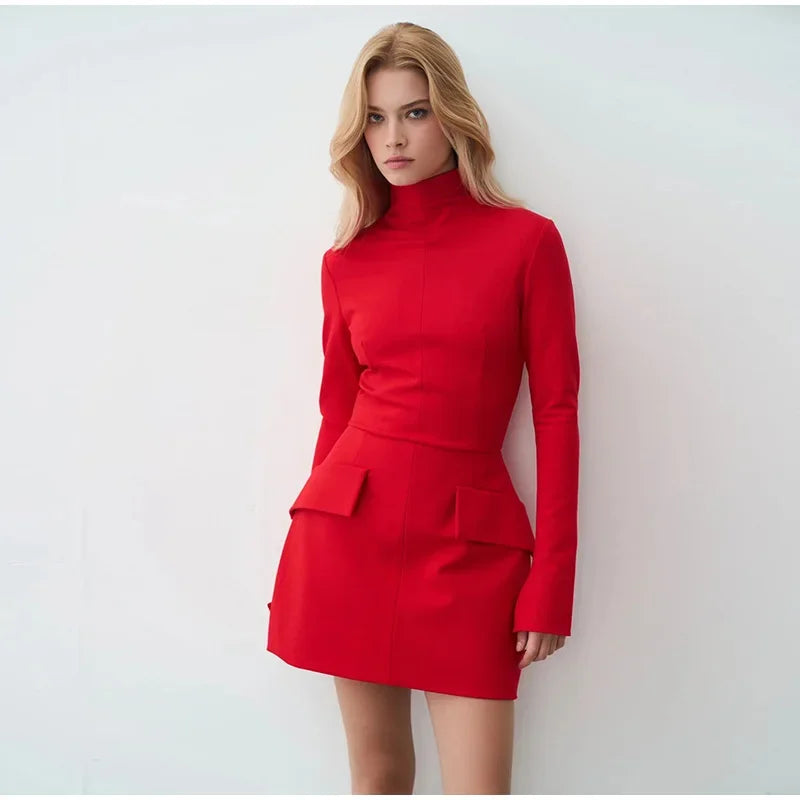 Introducing our Chic Red Women Pockets Mini Dress, perfect for elegant occasions or daily commutes. Featuring a turtleneck and slim fit, this dress boasts long sleev