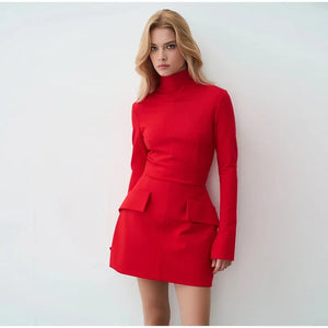 Introducing our Chic Red Women Pockets Mini Dress, perfect for elegant occasions or daily commutes. Featuring a turtleneck and slim fit, this dress boasts long sleev