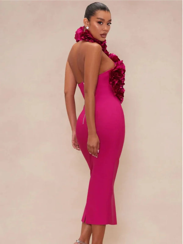 Rosy Bandage Dress with floral halter, off-shoulder, and backless design.
