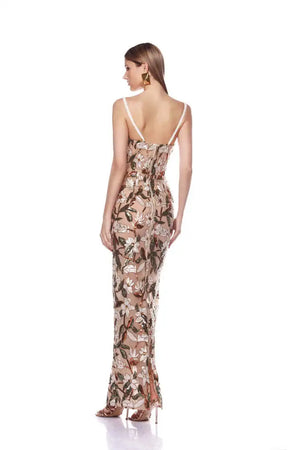 Maxi Dress Sariah with 3D flower patchwork and off-shoulder design.
