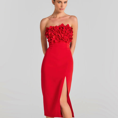 Red floral strappy bodycon midi dress with side slit Winteres