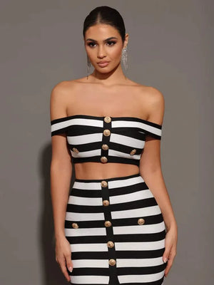 Lexia Bandage Set with off shoulder striped top and buttoned mini skirt.