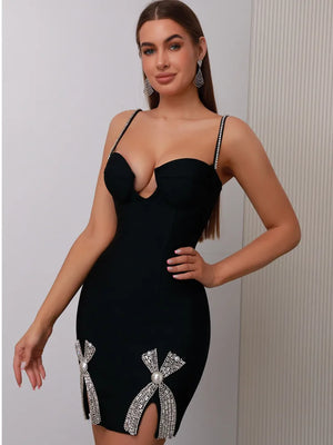 Elevate your evening style with our Women Summer Celebrity Dress. Featuring a sultry V-neck and intricate beading, this black bodycon dress is the epitome of eleganc