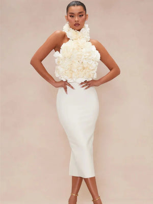 Rosy Bandage Dress Florals with off-shoulder and backless design.
