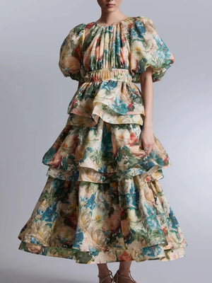 Indulge in exquisite fashion with our Hit Printing Dresses. The round neck and puff sleeves elevate the elegance, while the high waist and loose fit provide comfort 