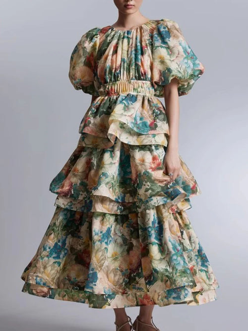 Indulge in exquisite fashion with our Hit Printing Dresses. The round neck and puff sleeves elevate the elegance, while the high waist and loose fit provide comfort 