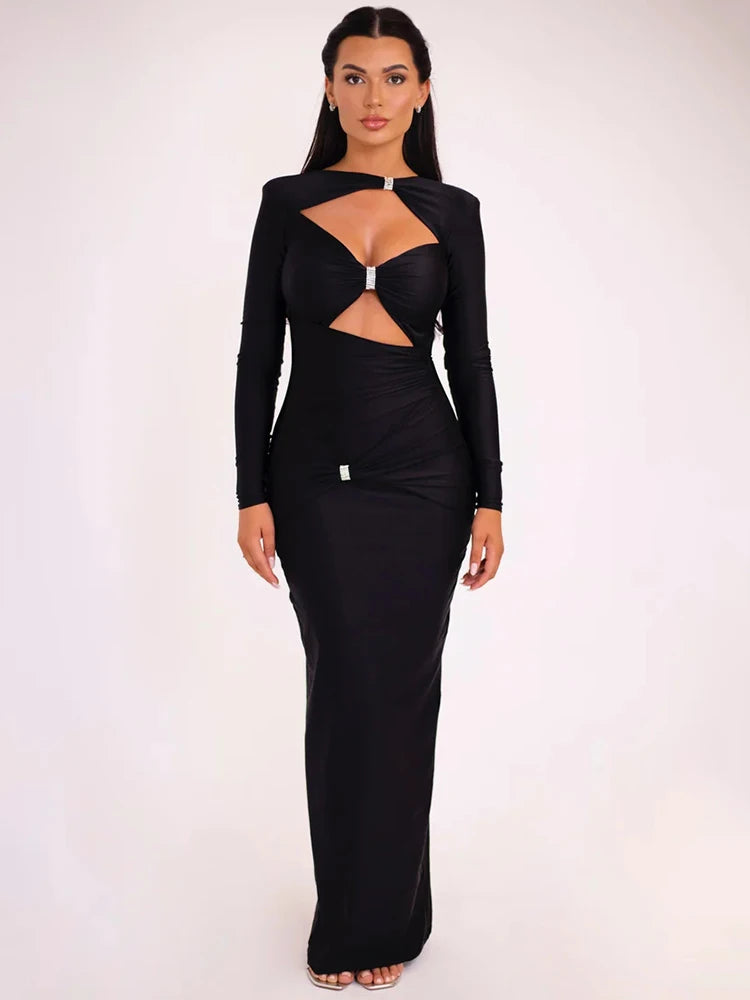 Add a touch of elegance to your wardrobe with this sexy maxi dress. The hollow out long sleeves add a hint of allure while the solid color and slim fit provide a sle