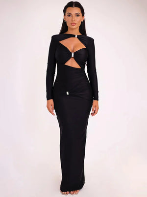 Add a touch of elegance to your wardrobe with this sexy maxi dress. The hollow out long sleeves add a hint of allure while the solid color and slim fit provide a sle