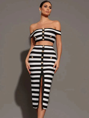 Lexia Bandage Set with striped off shoulder top and buttoned mini skirt.