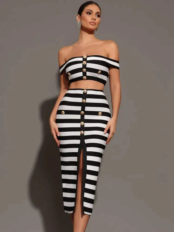 Lexia Bandage Set with striped off shoulder top and buttoned mini skirt.