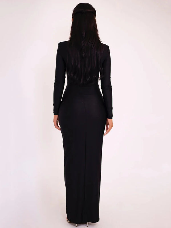Add a touch of elegance to your wardrobe with this sexy maxi dress. The hollow out long sleeves add a hint of allure while the solid color and slim fit provide a sle