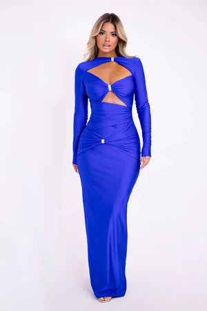 Add a touch of elegance to your wardrobe with this sexy maxi dress. The hollow out long sleeves add a hint of allure while the solid color and slim fit provide a sle