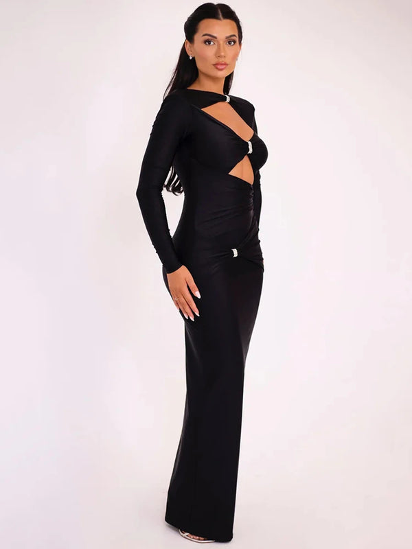 Add a touch of elegance to your wardrobe with this sexy maxi dress. The hollow out long sleeves add a hint of allure while the solid color and slim fit provide a sle