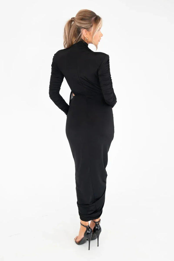 Experience elegance and luxury in our Valerie Long Sleeve Maxi Dress. Designed for the sophisticated woman, this dress features a drawstring turtleneck and ruched de