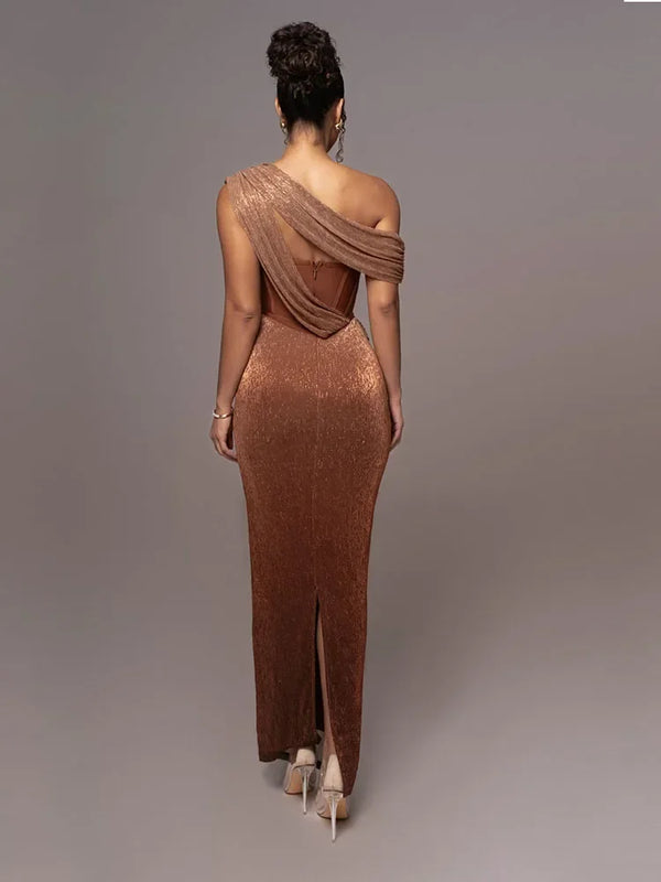 Arianwen Maxi Dress, one shoulder glitter backless gown with brown corset.