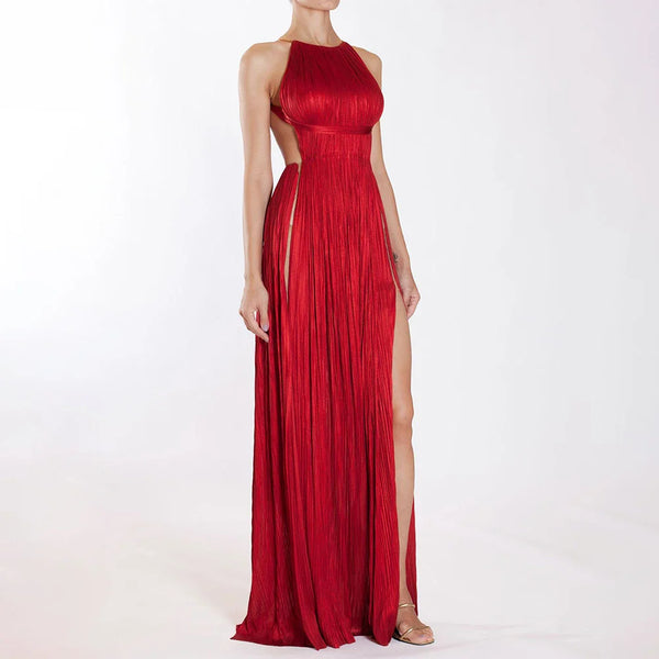 Maxi Dress Milana with halter neckline and backless design in solid color.
