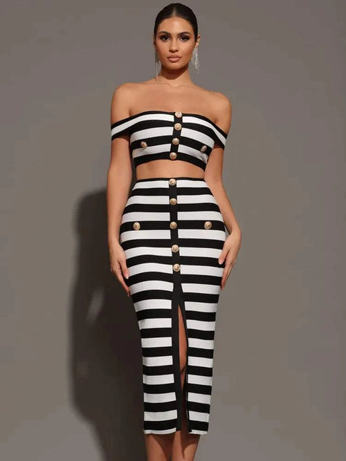Women wearing Lexia Bandage Set with off-shoulder top and buttoned striped skirt.