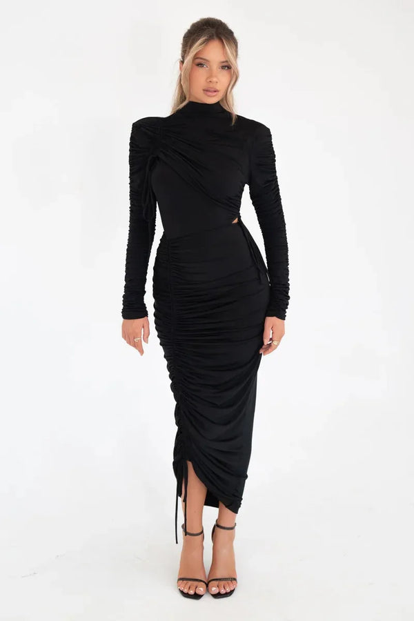 Experience elegance and luxury in our Valerie Long Sleeve Maxi Dress. Designed for the sophisticated woman, this dress features a drawstring turtleneck and ruched de