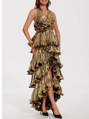 Get ready to turn heads in this Fashion Women's Elegant Evening Dress! With a solid spliced fungus design and a V neck, this dress is both elegant and playful. The h