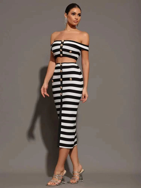 Lexia Bandage Set with off shoulder striped top and buttoned mini skirt.