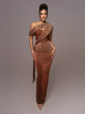 Arianwen Maxi Dress - One Shoulder Glitter Long Dress with Brown Corset and Draped Design.