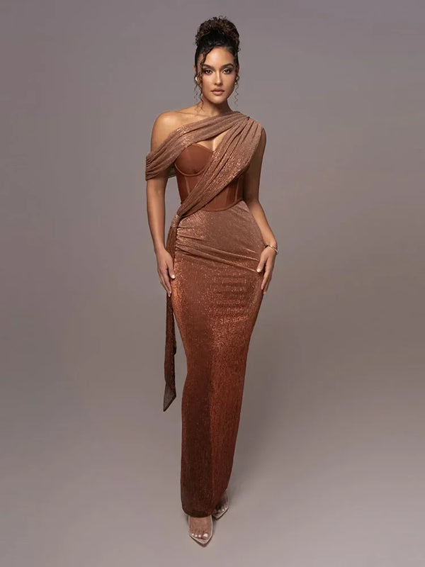 Arianwen Maxi Dress - One Shoulder Glitter Long Dress with Brown Corset and Draped Design.