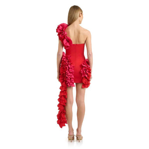 Feel like a celebrity in our stunning red one shoulder macrame dress. Perfect for cocktail parties, this fashion-forward bandage dress hugs your curves and exudes el