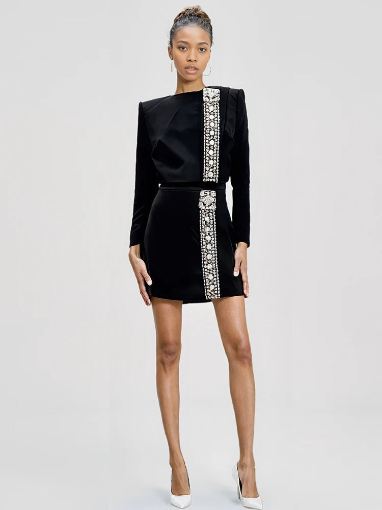 Diamond Black Top Short Skirt Set Two-piece Set Outfits Winteres