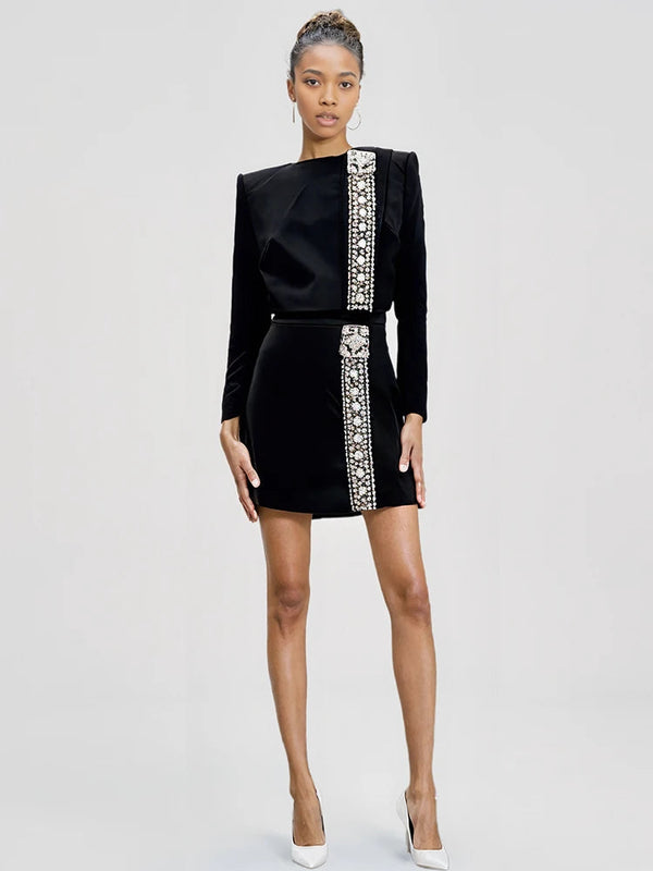 Diamond Black Top Short Skirt Set Two-piece Set Outfits Winteres