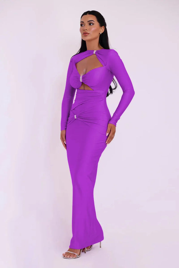 Add a touch of elegance to your wardrobe with this sexy maxi dress. The hollow out long sleeves add a hint of allure while the solid color and slim fit provide a sle