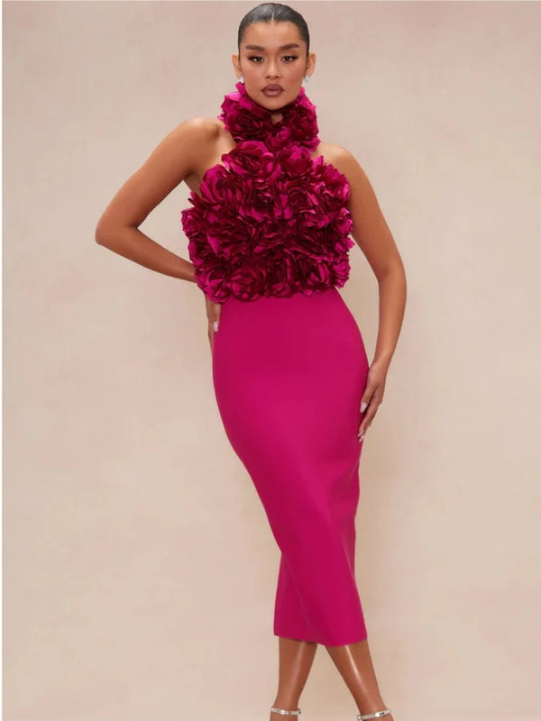 Rosy Bandage Dress with floral halter and backless design.