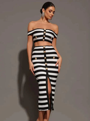 Lexia Bandage Set with striped off shoulder top and buttoned mini skirt.