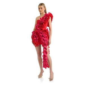 Feel like a celebrity in our stunning red one shoulder macrame dress. Perfect for cocktail parties, this fashion-forward bandage dress hugs your curves and exudes el