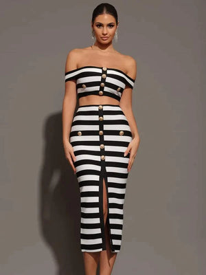 Lexia Bandage Set, off shoulder striped two-piece outfit, women's summer fashion.