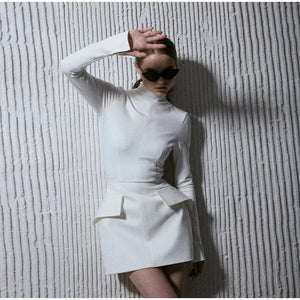 Introducing our Chic Red Women Pockets Mini Dress, perfect for elegant occasions or daily commutes. Featuring a turtleneck and slim fit, this dress boasts long sleev