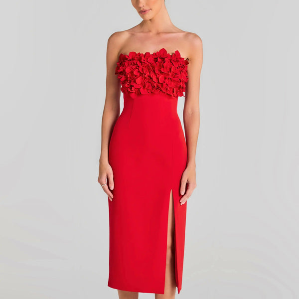 Red floral strappy bodycon midi dress with side slit Winteres