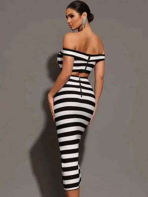 Lexia Bandage Set with off-shoulder striped design and buttoned mini skirt.
