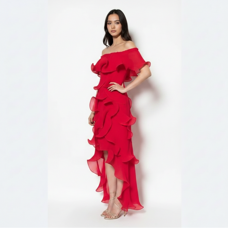 Red off-shoulder ruffled dress on a white background