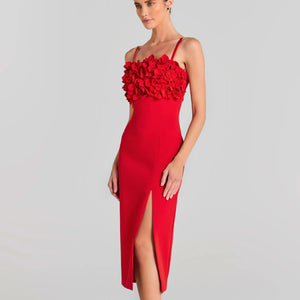 Red floral strappy bodycon midi dress with side slit Winteres