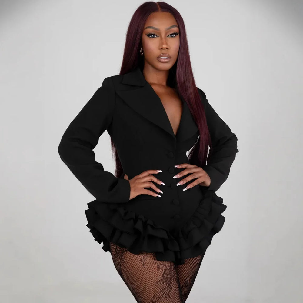 Get ready to rock the autumn season with this women's elegant suit! The ruffle edge pants and short one-piece design add a touch of flair to your wardrobe. Featuring