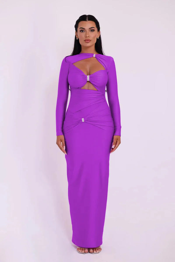 Add a touch of elegance to your wardrobe with this sexy maxi dress. The hollow out long sleeves add a hint of allure while the solid color and slim fit provide a sle